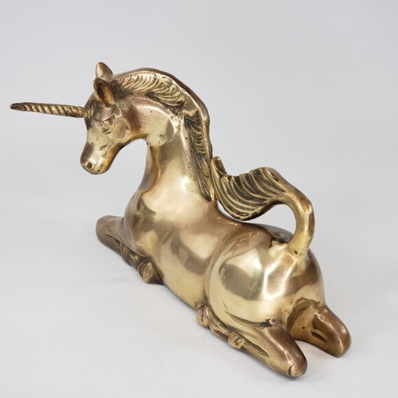 Vintage Large Solid Brass UNICORN Sculpture Laying Down Mythical Regency - Picture 3 of 12